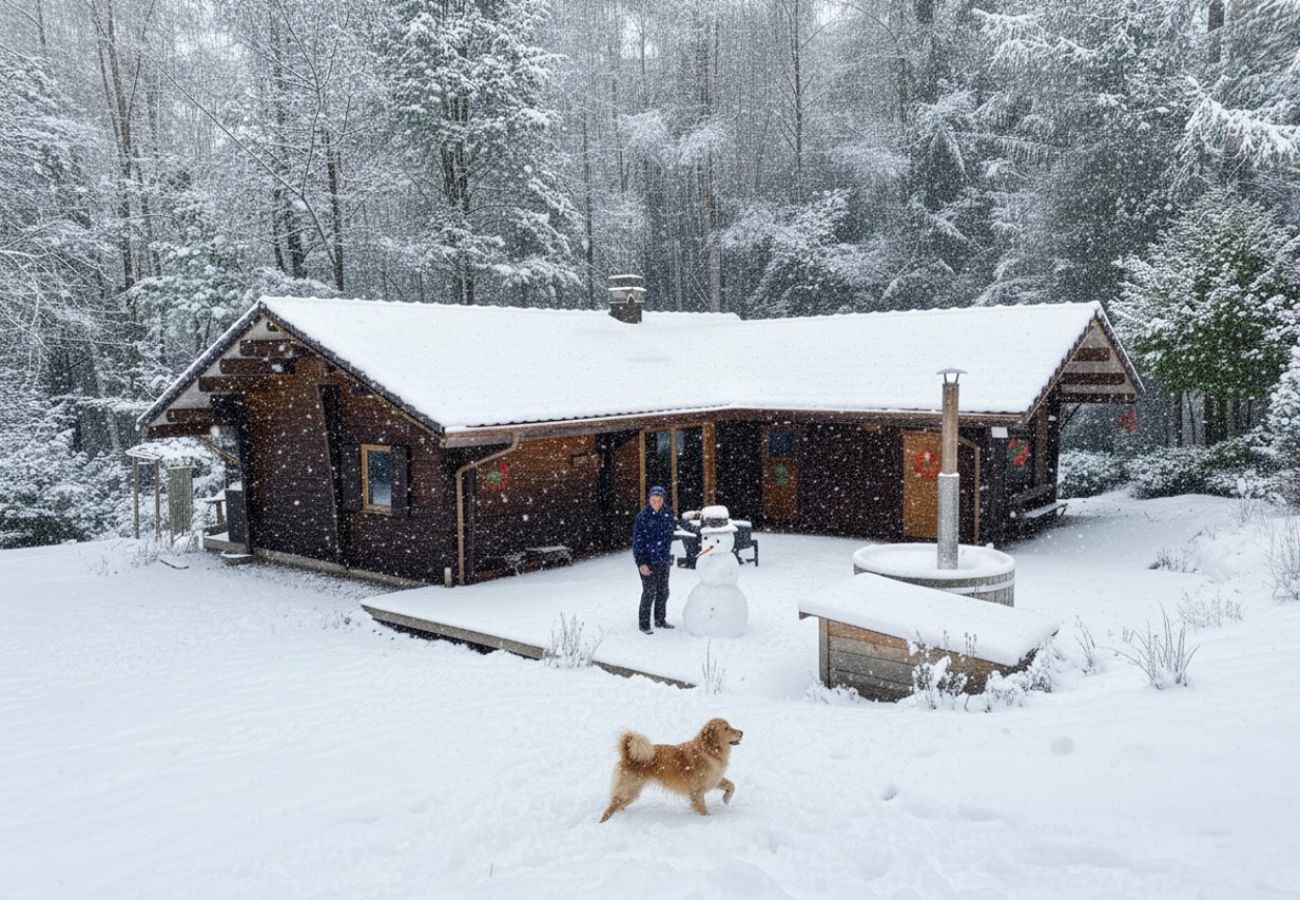 Jardin avec grande terrasse, salon de jardin, barbecue, spa finlandais